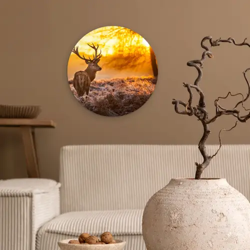 Hert - Dieren - Zonsondergang - Winter - Heide - Natuur Wandcirkel kunststof plaat 5mm dik klein -sfeer1