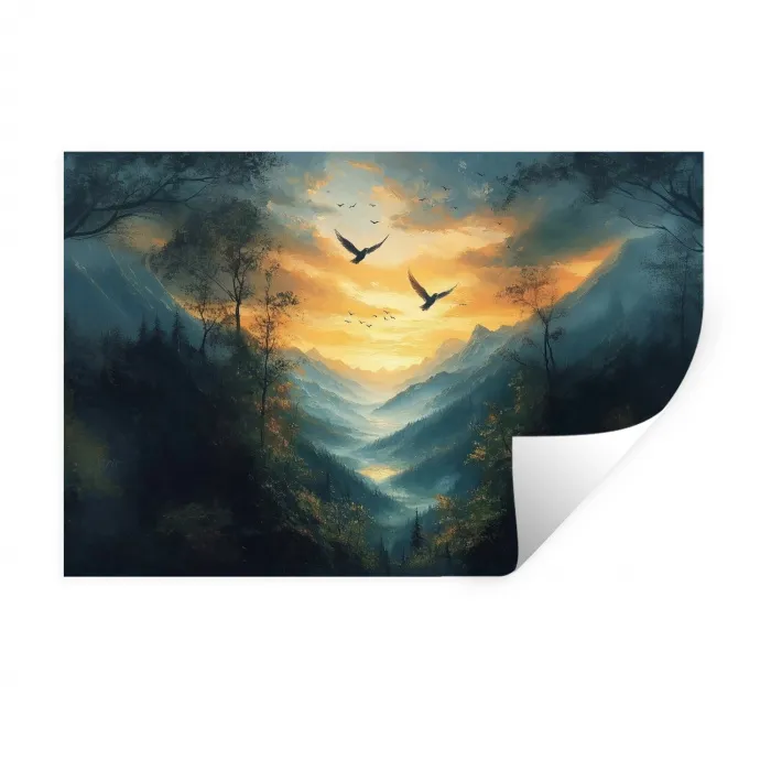 Vogels - Zon - Bomen - Groen Muursticker klein -3d