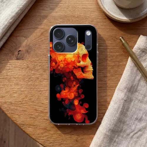 Schedel - Oranje - Zijaanzicht - Vlammen Telefoonhoesje iPhone 17 Pro klein -sfeer1