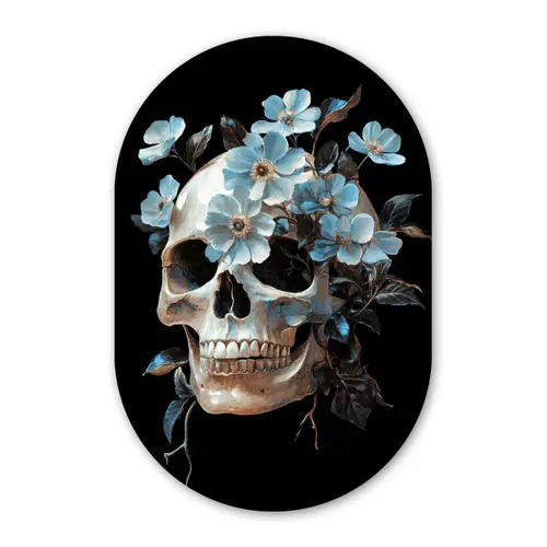 Schedel - Blauw - Bloemen - Bladeren Wandcirkel Ovaal Forex klein -3d