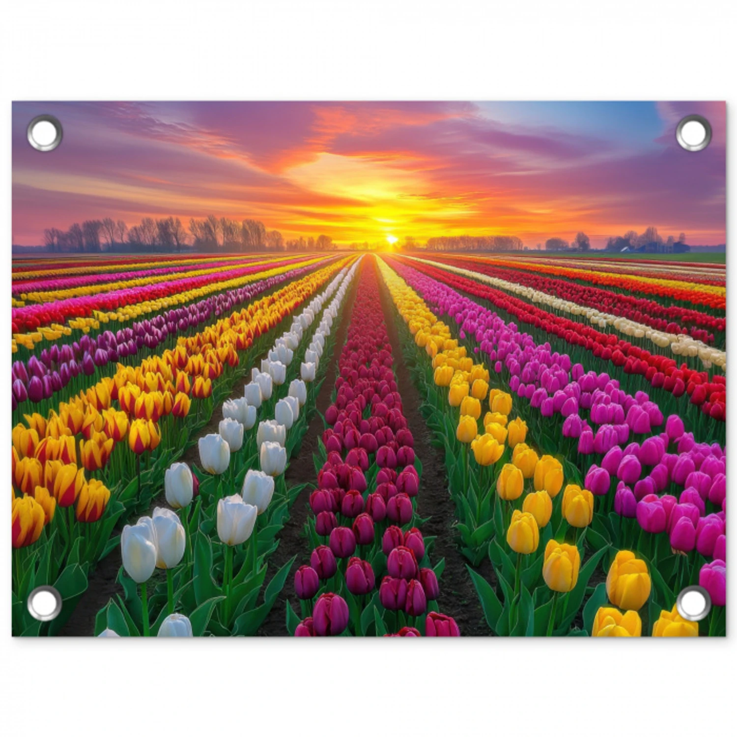 Tulpenveld - Zonsondergang - Kleurrijk tuinposter los doek klein -3d