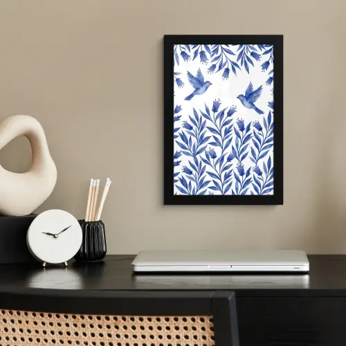 Modern - Vogels - Delfts - Blauw fotolijst zwart zonder passe partout klein -sfeer1
