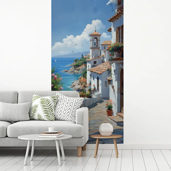 Huizen - Zee - Bomen - Bloemen fotobehang vinyl groot -woonkamer
