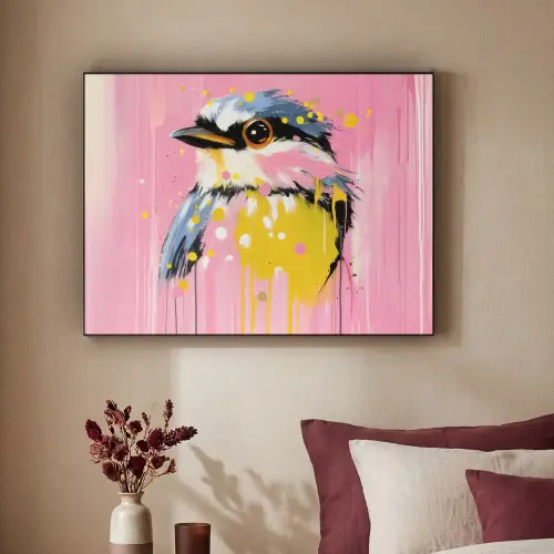 Vogel - Roze - Geel - Blauw Textielframe zwart klein -sfeer1