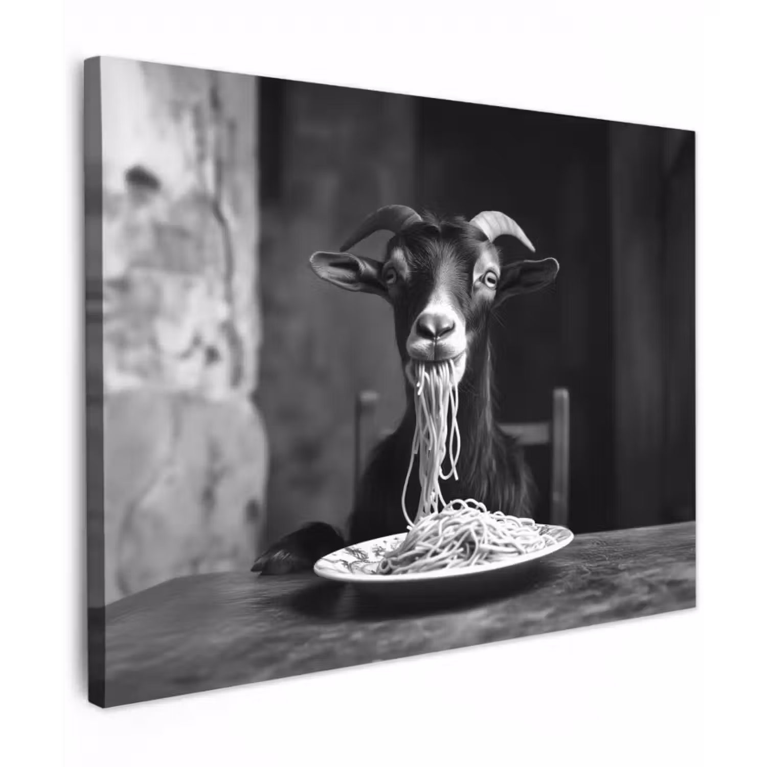 Canvas schilderij - Geit - Bord - Spaghetti - Zwart Wit