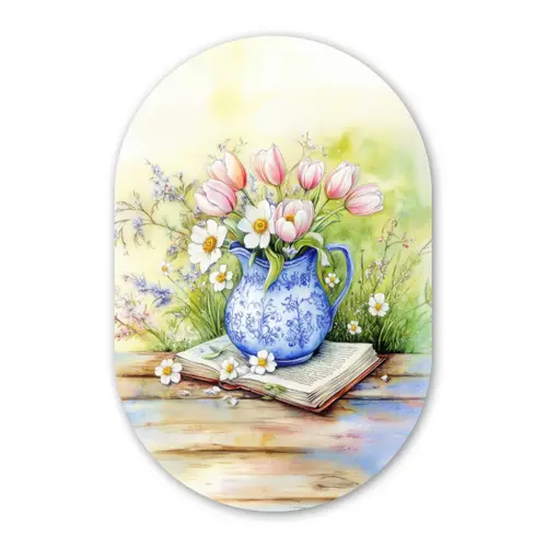 Vaas - Delftsblauw - Madeliefjes Wandcirkel Ovaal Glas middel -3d