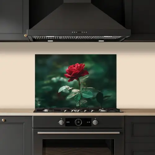 Roos - Bladeren - Dieprood keuken achterwand spatscherm klein -sfeer1