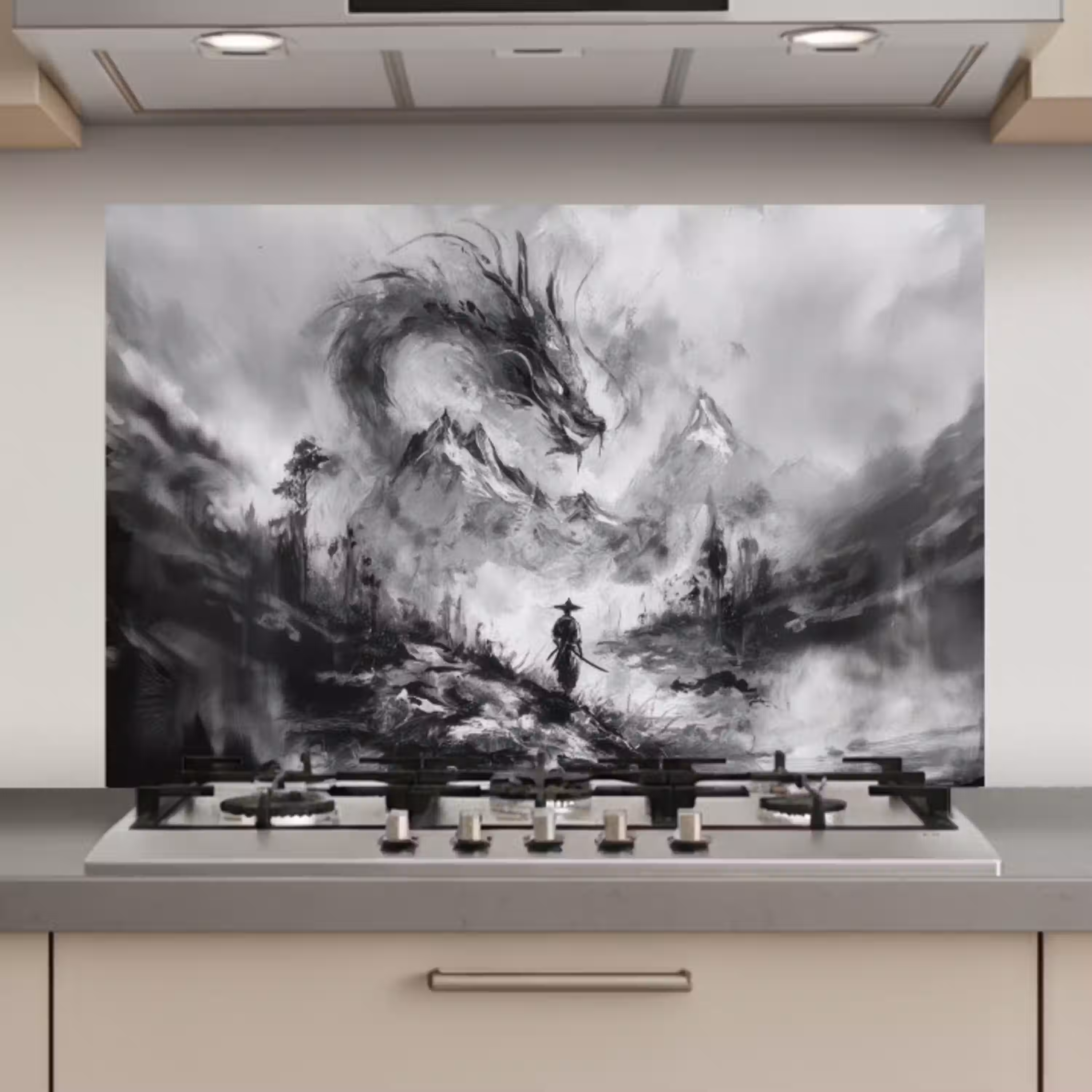 Krijger - Draak - Grijs keuken achterwand spatscherm klein -3d_website