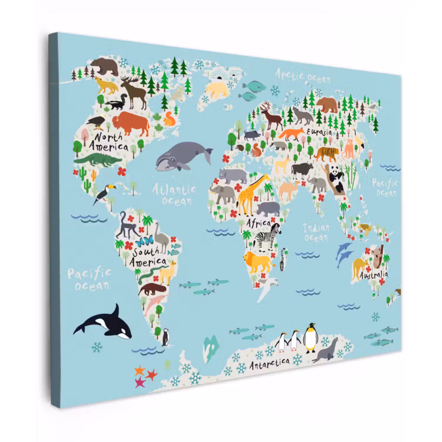 Canvas schilderij - Wereldkaart - Kinderen - Dieren - Blauw - Orka - Walvis