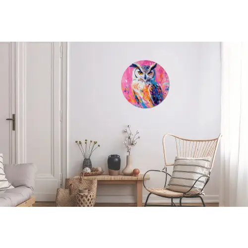 Uil - Roze - Blauw - Verf - Abstract Wandcirkel aluminium klein -woonkamer