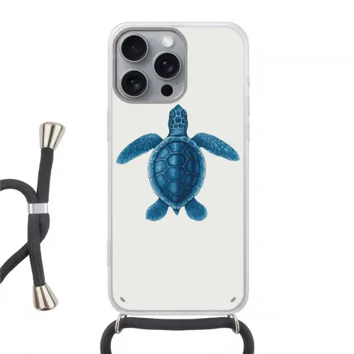 Schildpad - Blauw - Schild Hoesje iPhone 16 Pro Max met koord klein -3d