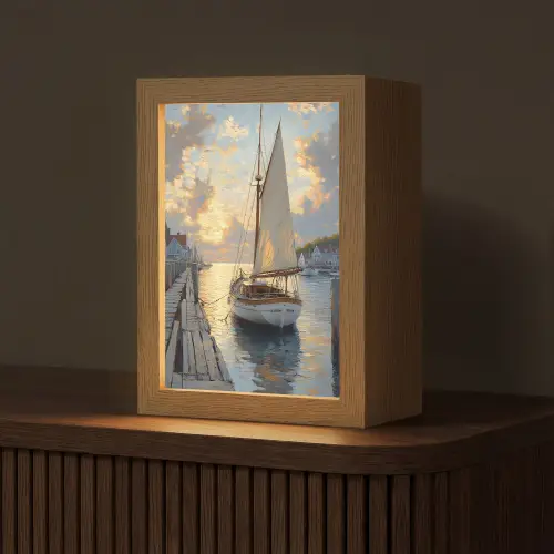 Zeilboot - Zon - Pier - Hout Light Box met kabel (Tafellamp) klein -z3d_website