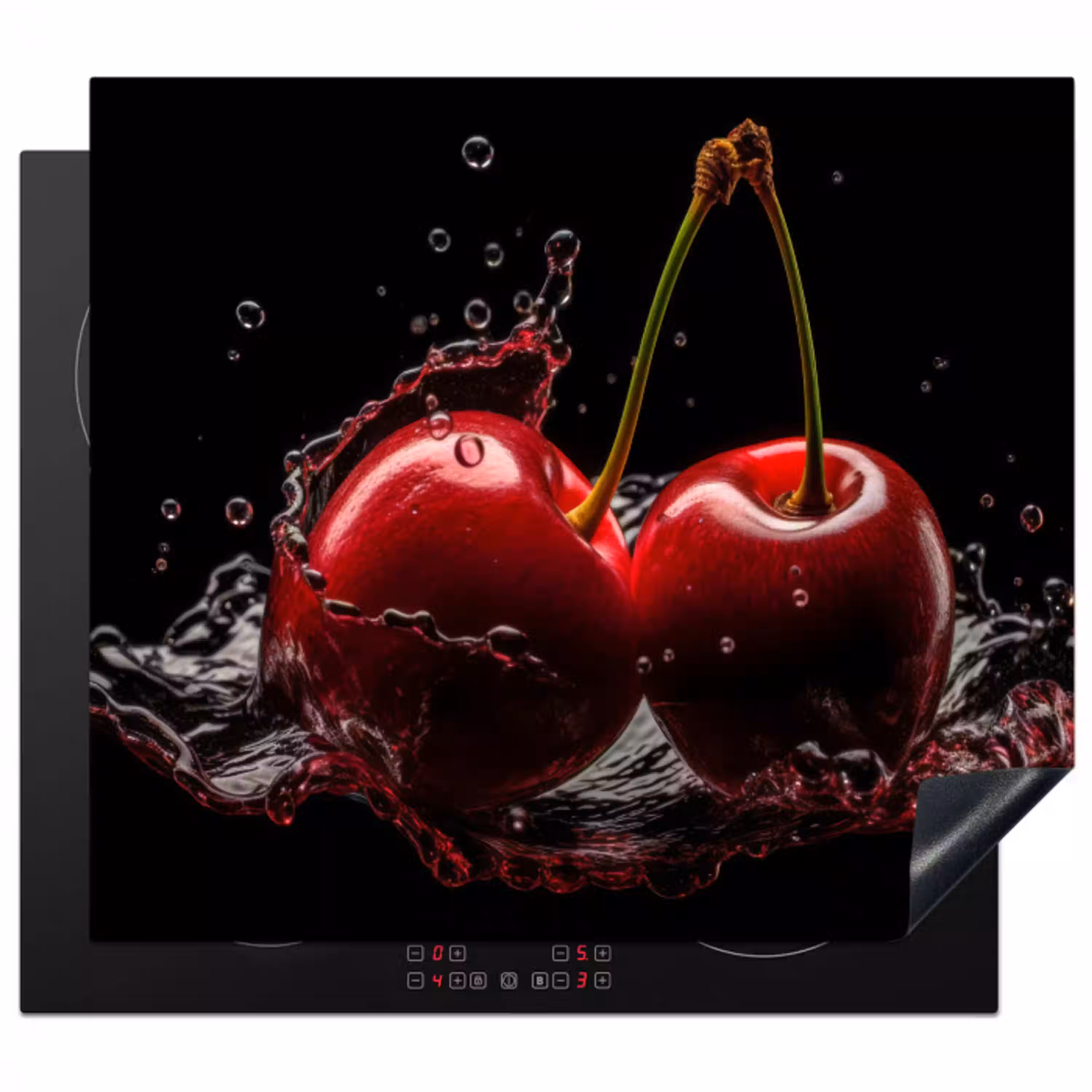 Kersen - Rood - Fruit - Water - Zwart Inductie beschermer vinyl 3mm middel -3d
