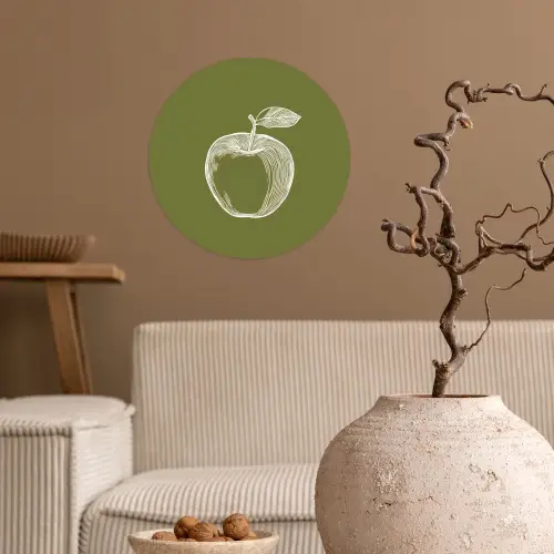 Lijntekening - Appel - Olijfgroen - Blaadje Wandcirkel behangsticker klein -sfeer1