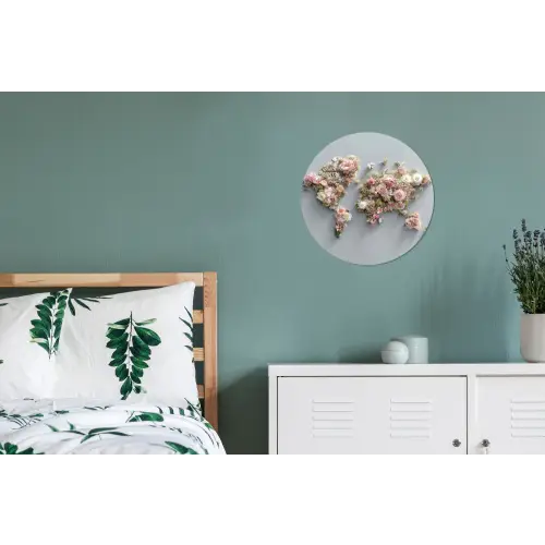 Wereldkaart - Rozen - Roze Wandcirkel aluminium klein -slaapkamer