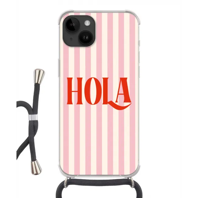 Handyhülle mit Band - Hola - Zitat - Streifen - Pastell - Rosa - Rot - Weiß