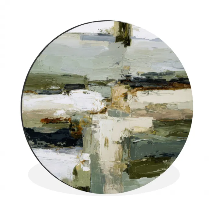 Penseelstreken - Groen - Abstract - Japandi Wandcirkel aluminium klein -3d