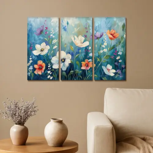 Bloemen - Kleurrijk - Blauw - Natuur Canvas - Meerluiken 3 luik klein -sfeer1