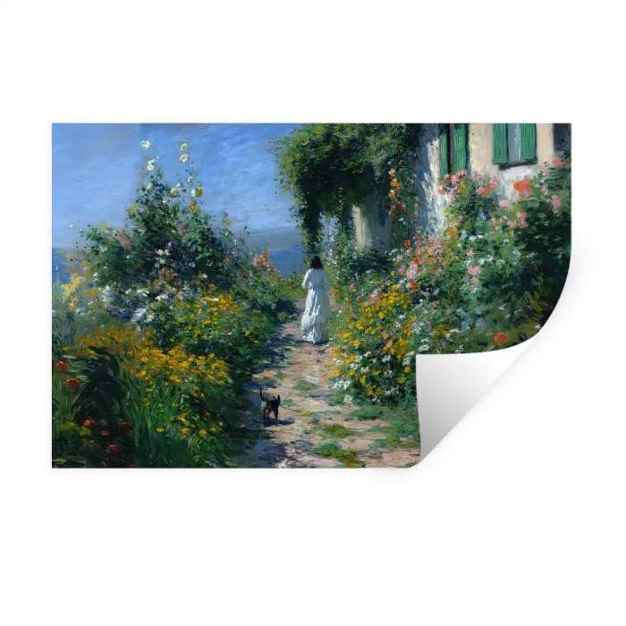 Kat - Vrouw - Bloemen - Huis Muursticker klein -3d