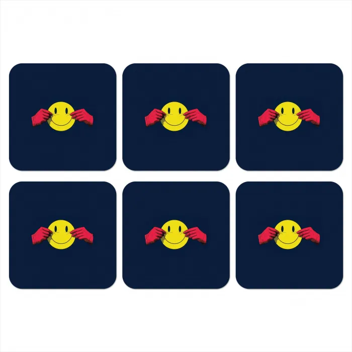 Smiley - Geel - Handen - Minimalistisch onderzetter kurk middel -3d