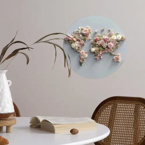 Wereldkaart - Rozen - Roze Wandcirkel behangsticker klein -sfeer3
