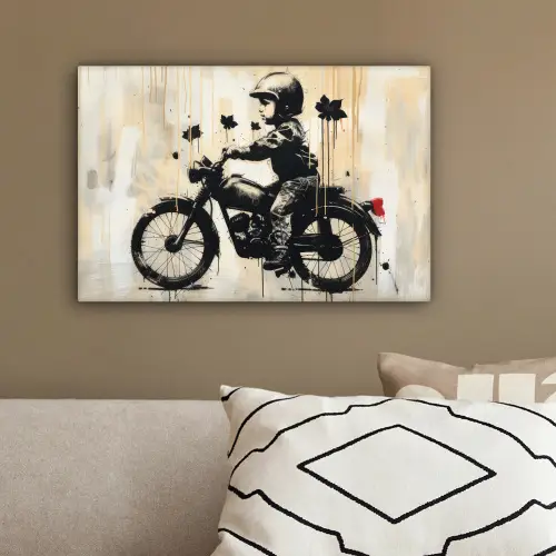 Vintage - Street art - Motor - Jongen - Graffiti - Zwart - Banksy canvas 2cm klein -sfeer3