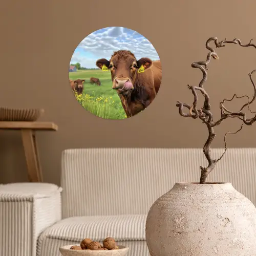 Koe - Weide - Bloemen Wandcirkel behangsticker klein -sfeer1