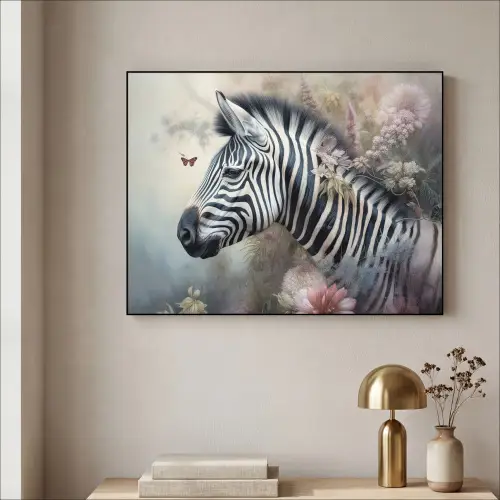 Zebra - Wilde dieren - Vlinder - Bloemen Textielframe zwart klein -sfeer2