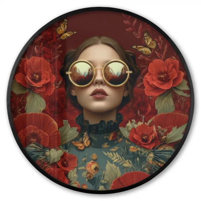 Ronde fotolijst - Bloemen - Dieprood - Zonnebril - Vrouw
