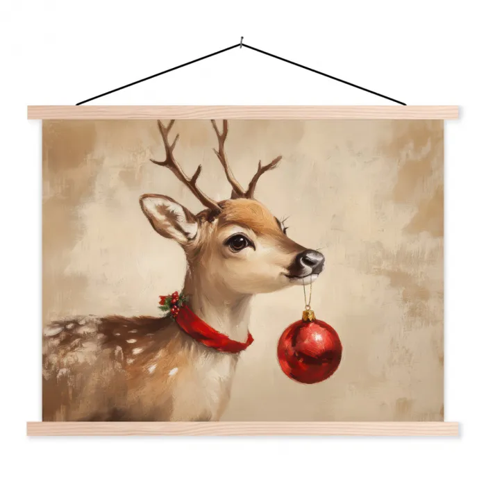 Kerst - Hert - Gewei - Kerstbal - Rendier textielposter latten blank klein -3d