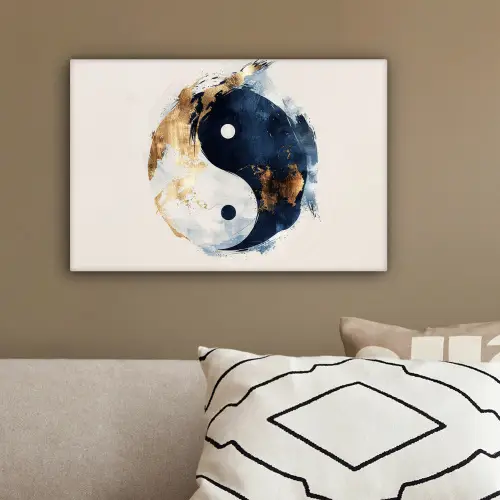 Yin Yang - Abstract - Zwart - Wit - Goud canvas 2cm klein -sfeer3
