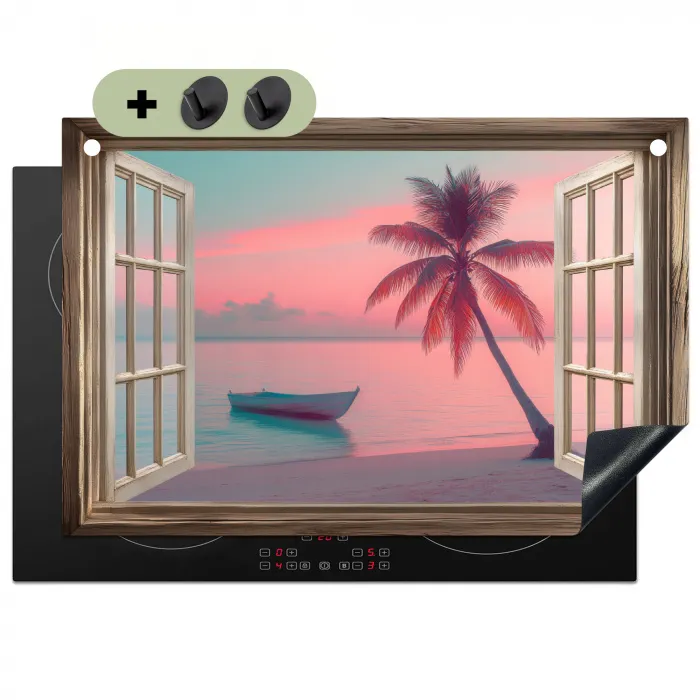Doorkijk - Strand - Palmboom - Tropisch Inductie beschemer met haakjes klein -3d
