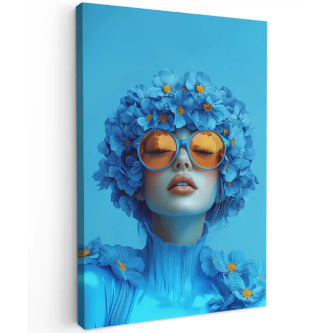 Vrouw - Bloem - Blauw - Modern - Bril - Portret Tuinposter op houten frame 2 cm dik klein -3d