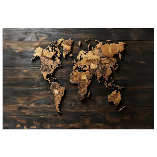 Wereldkaart -  Hout - Mozaïek poster papier klein -3d