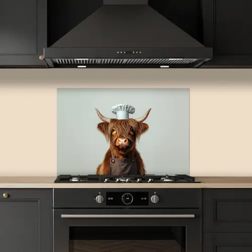 Schotse Hooglander - Bruin - Hoorns - Kokskleding keuken achterwand spatscherm klein -sfeer1