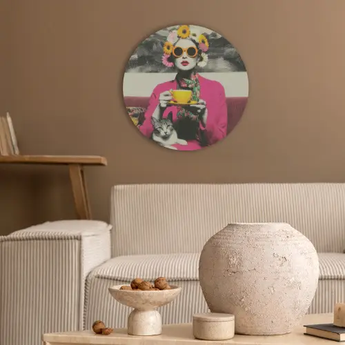 Vrouw - Kat - Bloemen - Kopje - Retro Akoestische PET Vilt - Rond klein -sfeer1