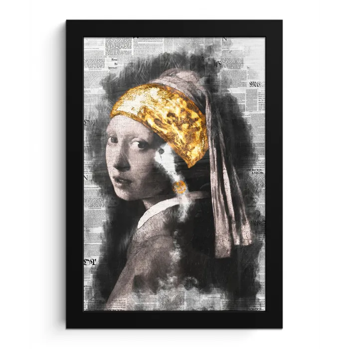 Meisje met de parel - Johannes Vermeer - Krant - Goud fotolijst zwart zonder passe partout klein -3d