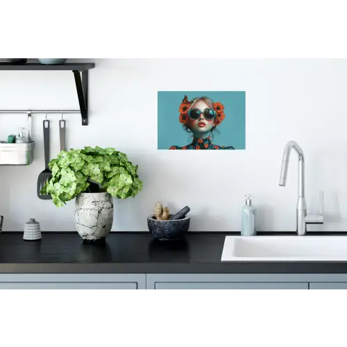 Vrouw - Blauw - Vlinder - Bloemen - Aesthetic Muursticker klein -keuken