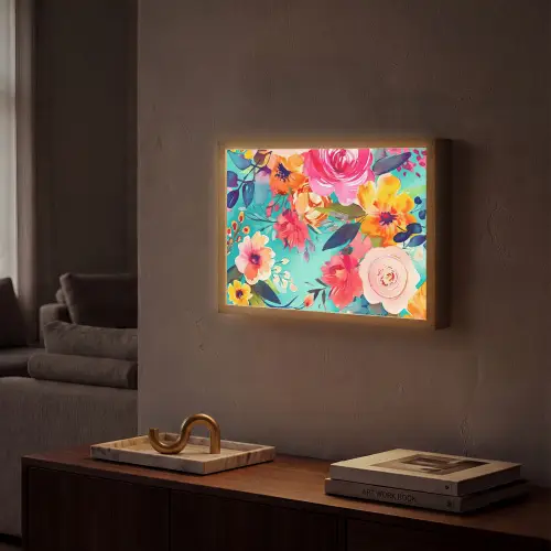 Bloemen - Olieverf - Kleurrijk - Natuur Light Box met batterij (Wandlamp) middel -sfeer1