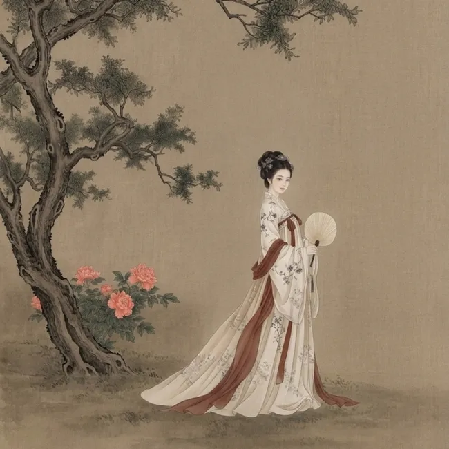Behang - Vrouw - Azië - Kunst - Beige