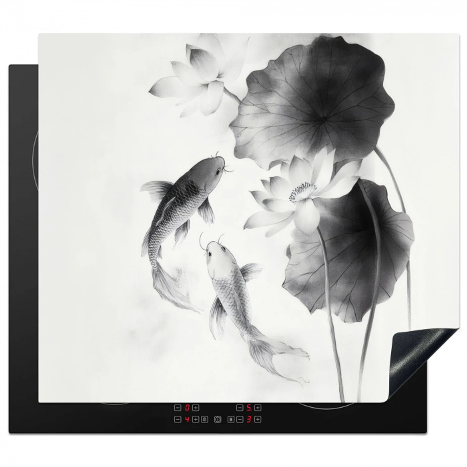 Lotusbloemen - Vissen - Bladeren - Zwart Inductie beschermer vinyl 3mm middel -3d