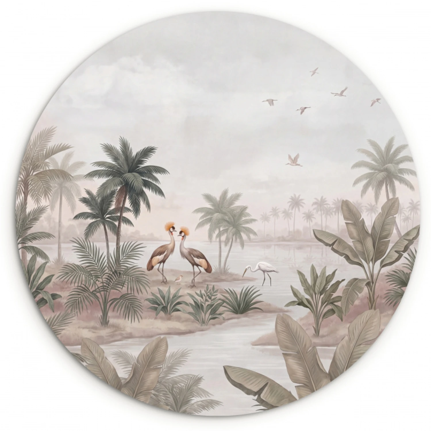 Kraanvogels - Palmbomen - Tropisch Wandcirkel kunststof plaat 5mm dik klein -3d