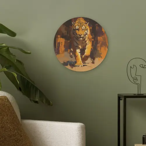Tijger - Geschilderd - Oranje - Penseelstreken Akoestische PET Vilt - Rond klein -sfeer2
