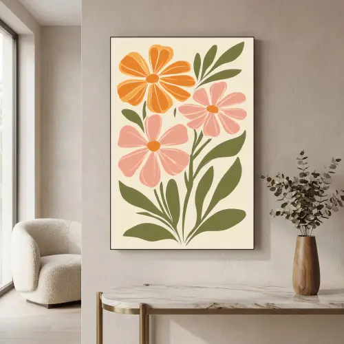 Minimalistisch - Bloemen - Bladeren - Roze Textielframe zwart klein -sfeer2