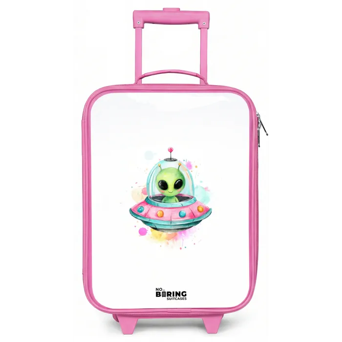 Groene alien in kleurrijke UFO Kinderkoffer - Roze klein -zz3dotto