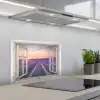 Doorkijk - Lavendel - Bloemen - Hout - Zonsondergang - Paars keuken achterwand spatscherm klein -3d_schuin