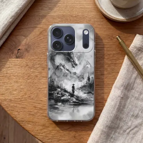 Krijger - Draak - Grijs Telefoonhoesje iPhone 17 Pro klein -sfeer1