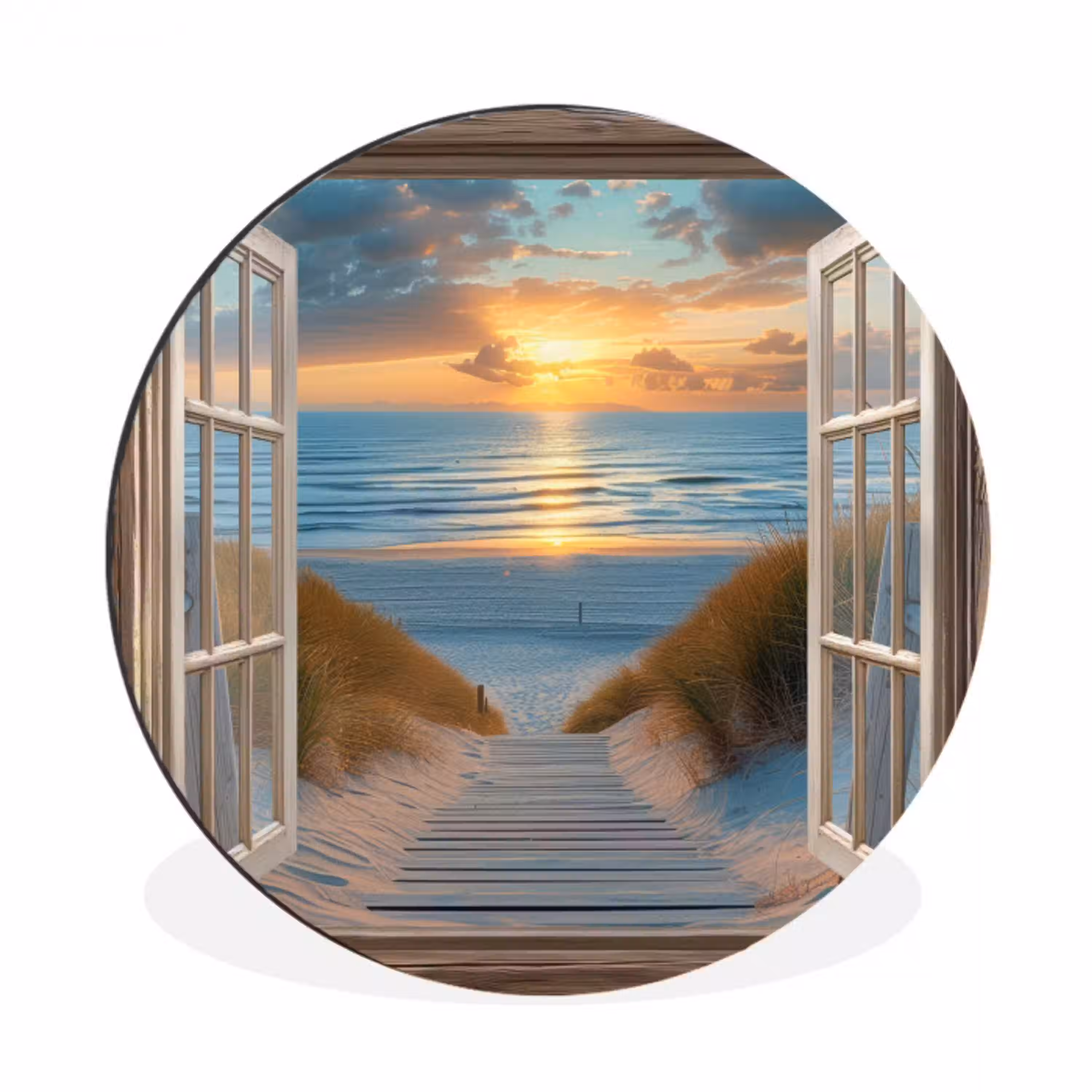 Doorkijk - Strand - Pad - Zonsondergang Wandcirkel aluminium klein -3d