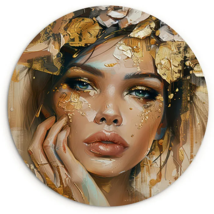Vrouw - Bloemen  - Goud - Portret Wandcirkel kunststof plaat 5mm dik klein -3d