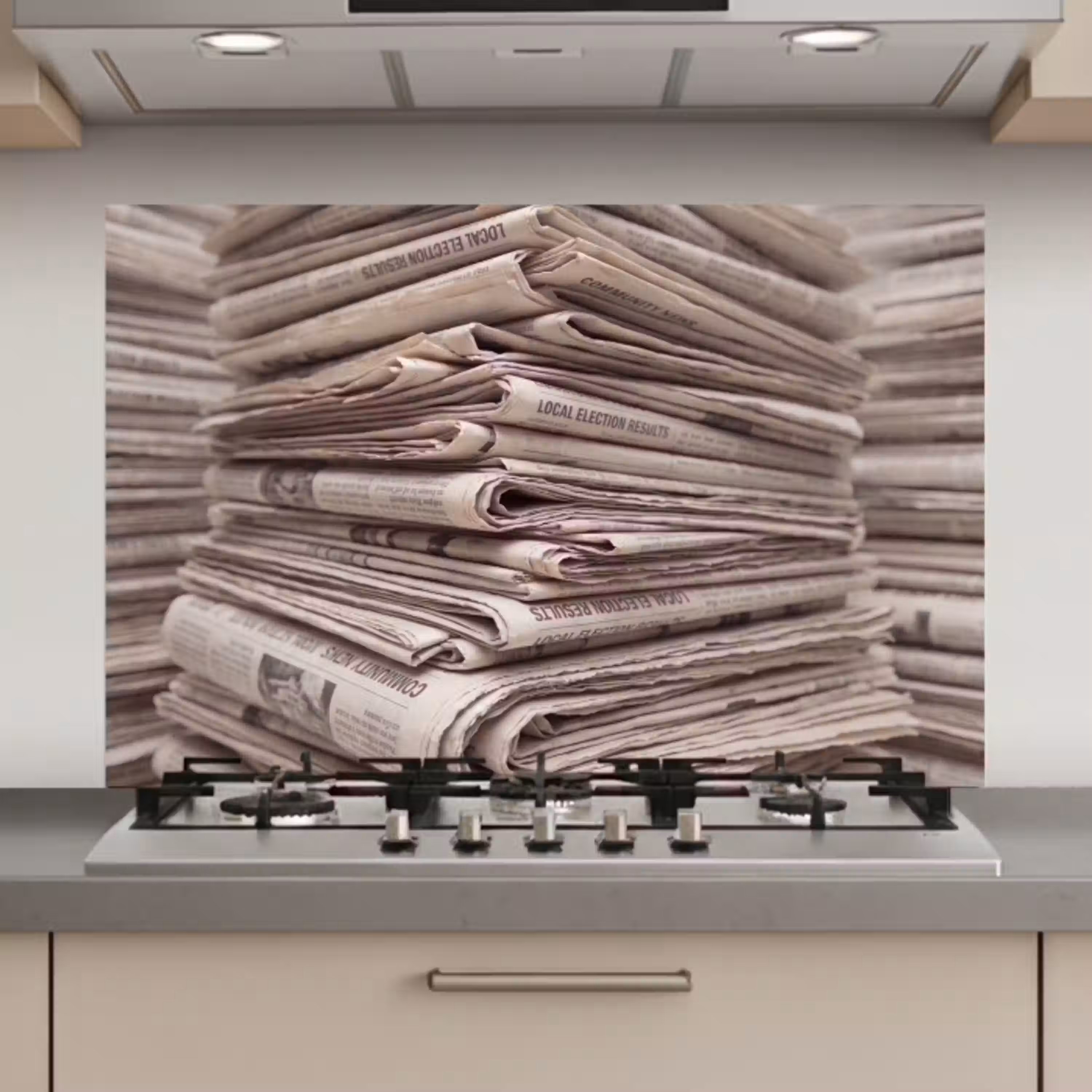 Kranten - Stapel - Nieuws - Vintage - Beige keuken achterwand spatscherm klein -3d_website